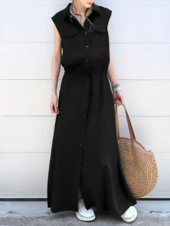 Solid Drawstring Waist Pocket Button Front Maxi Cargo Dress -Zanzea Shop 88c9673f 2070 4986 8e94 81703341717d