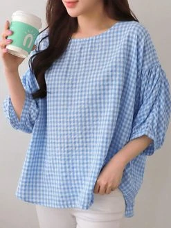 Check Print Crew Neck 3/4 Sleeve Casual Loose Blouse 13 Check Print Crew Neck 3/4 Sleeve Casual Loose Blouse -Zanzea Shop 88cce9ba 84be 4566 8afd fa2d63a2ef04