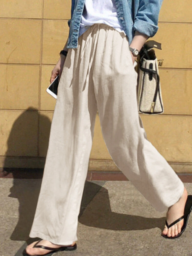 Solid Pocket Drawstring Elastic Waist Wide Leg Pants 3 Solid Pocket Drawstring Elastic Waist Wide Leg Pants - Image 3