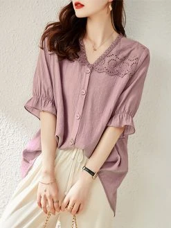 Lace Panel Button Front Loose Half Sleeve V-neck Blouse -Zanzea Shop 8929793e a038 4f27 a7d2 ce56379549e7