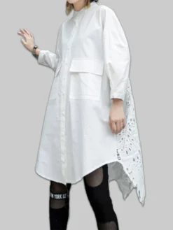 Lace Crochet Long Sleeve Irregular Trim Plus Size Long Shirt