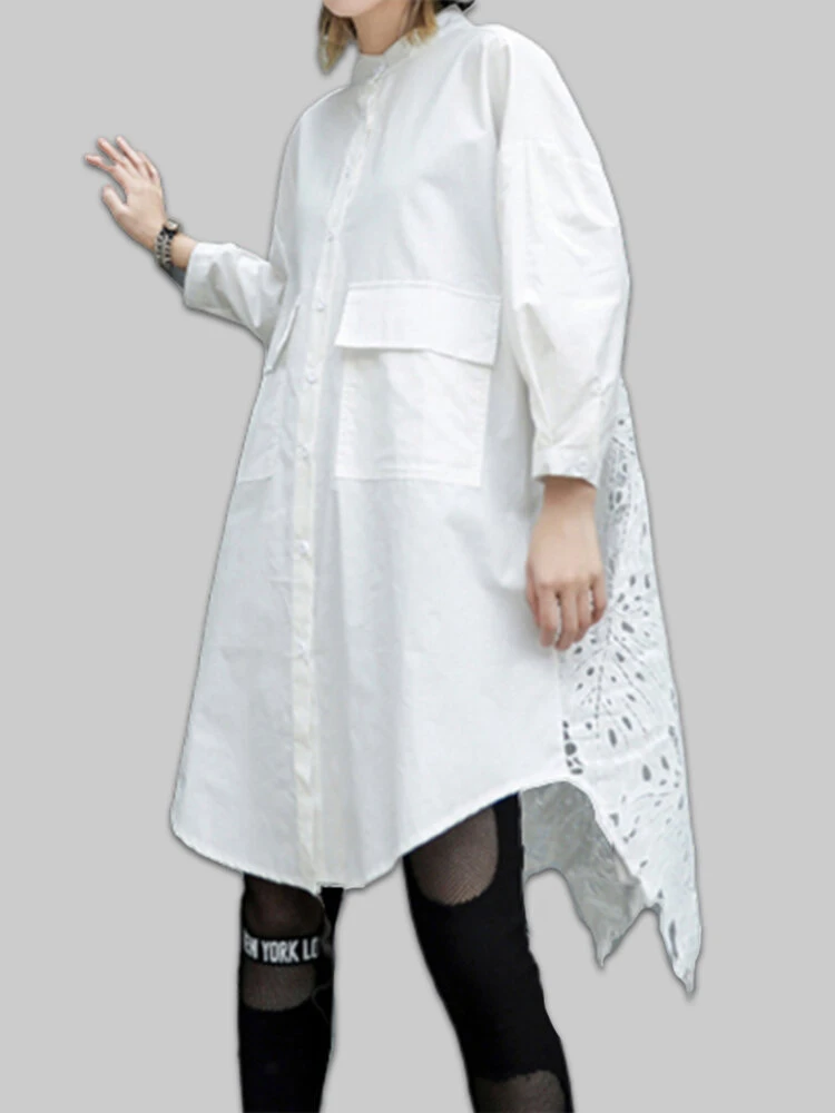 Lace Crochet Long Sleeve Irregular Trim Plus Size Long Shirt 1 Lace Crochet Long Sleeve Irregular Trim Plus Size Long Shirt