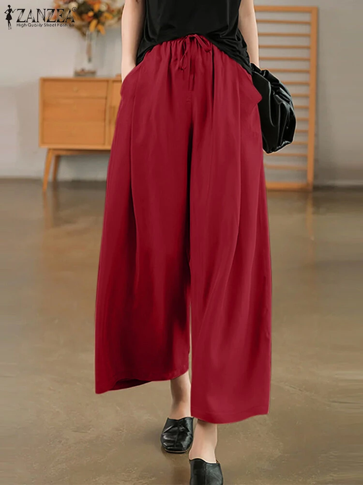 Women Solid Drawstring Waist Casual Wide Leg Pants 3 Women Solid Drawstring Waist Casual Wide Leg Pants - Image 3
