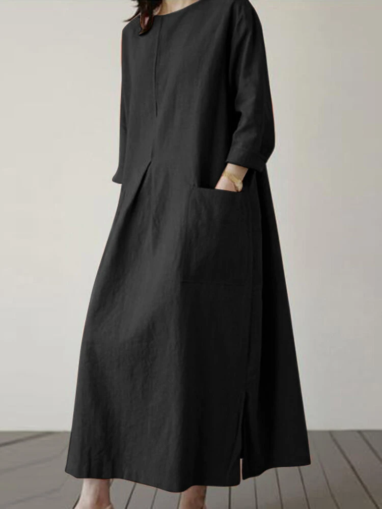 Solid Dual Pocket Slit Hem Crew Neck Vintage Dress 8 Solid Dual Pocket Slit Hem Crew Neck Vintage Dress - Image 8