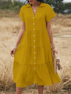 Solid Lapel Short Sleeve Button Front Casual Dress -Zanzea Shop 89b20052 bd11 4fd7 8b53 5dac71fdb878