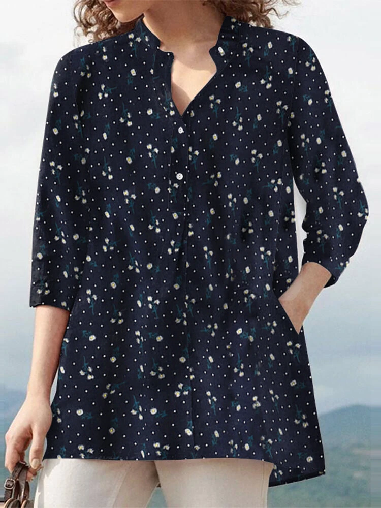 Floral Print Button Pocket Stand Collar 3/4 Sleeve Blouse 2 Floral Print Button Pocket Stand Collar 3/4 Sleeve Blouse - Image 2