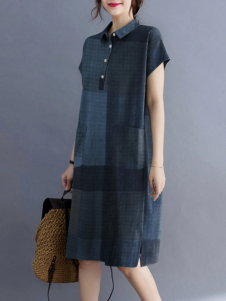 Check Pattern Short Sleeve Pocket Button Lapel Dress 4 Check Pattern Short Sleeve Pocket Button Lapel Dress - Image 4