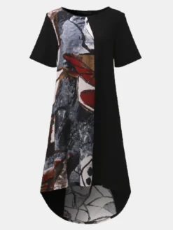 Vintage Print Patchwork Short Sleeve Plus Size Dress For Women