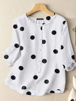 Women Dot Print 3/4 Sleeve Crew Neck Casual Blouse