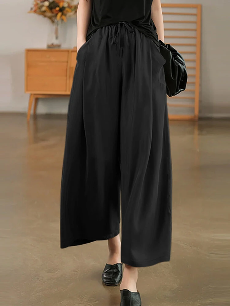 Women Solid Drawstring Waist Casual Wide Leg Pants 5 Women Solid Drawstring Waist Casual Wide Leg Pants - Image 5