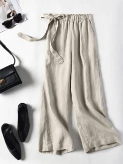 Solid Tie Elastic Waist Pocket Casual Women Pants