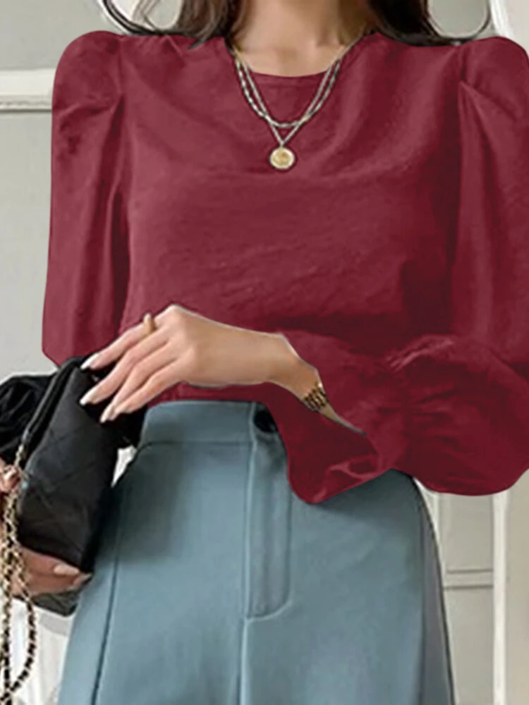 Solid Long Puff Sleeve Crew Neck Blouse 2 Solid Long Puff Sleeve Crew Neck Blouse - Image 2
