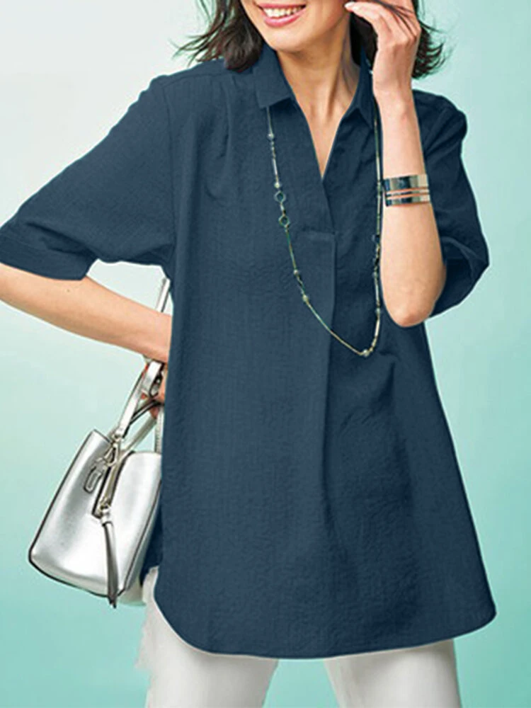 Women Solid Color Lapel Casual Short Sleeve Shirt 4 Women Solid Color Lapel Casual Short Sleeve Shirt - Image 4