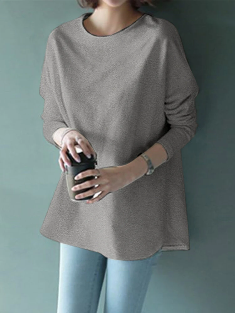 Solid Curved Hem Loose Long Sleeve Crew Neck T-shirt 10 Solid Curved Hem Loose Long Sleeve Crew Neck T-shirt - Image 10