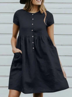 Solid Button Pocket Short Sleeve Casual Cotton Midi Dress
