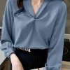 Solid Twisted Lantern Sleeve V-neck Satin Blouse