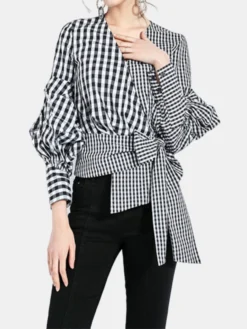 Contrast Plaid Bishop Sleeve Knot Plus Size Blouse