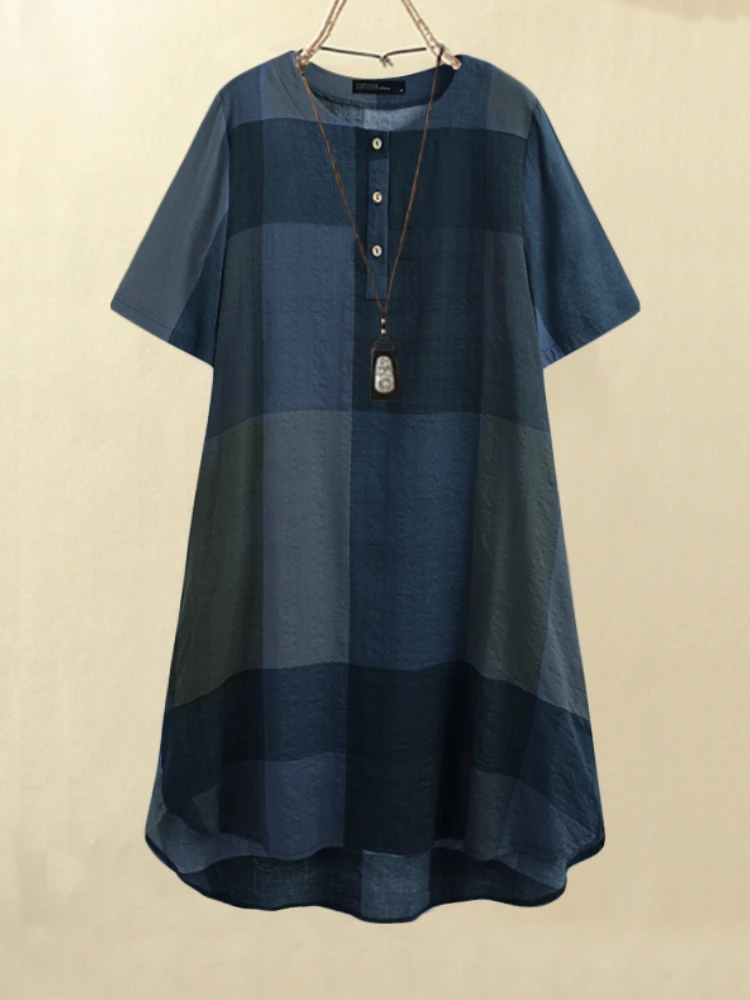 Plaid Print O-neck Short Sleeve Button Plus Size Dress For Women 2 Plaid Print O-neck Short Sleeve Button Plus Size Dress For Women - Image 2