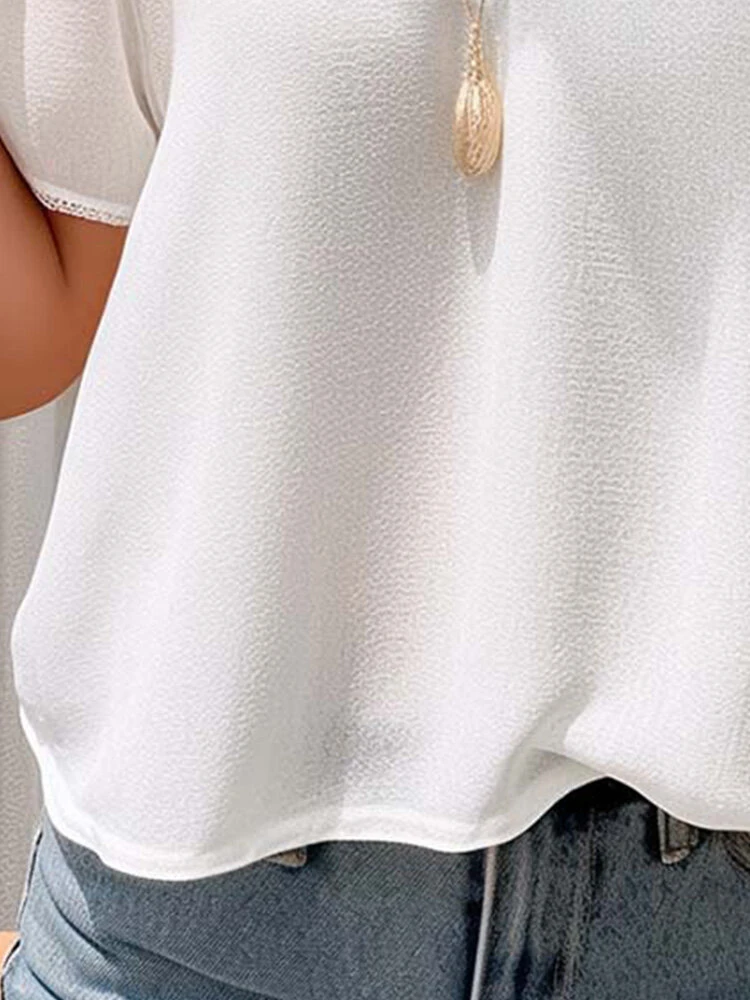 Women Lace Splice V-Neck Cotton Casual Short Sleeve Blouse 4 Women Lace Splice V-Neck Cotton Casual Short Sleeve Blouse - Image 4