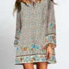 Bohemian Floral Print Bell Long Sleeve Crew Neck Dress