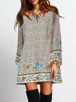 Bohemian Floral Print Bell Long Sleeve Crew Neck Dress