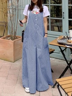 Women Stripe Print Pocket Strap Wide Leg Jumpsuit