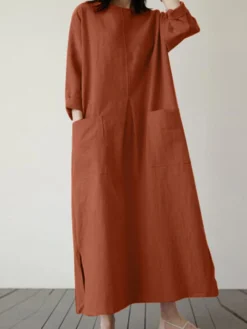 Solid Dual Pocket Slit Hem Crew Neck Vintage Dress 21 Solid Dual Pocket Slit Hem Crew Neck Vintage Dress -Zanzea Shop 8b6b7614 1973 4344 8d5e 977894b118c6