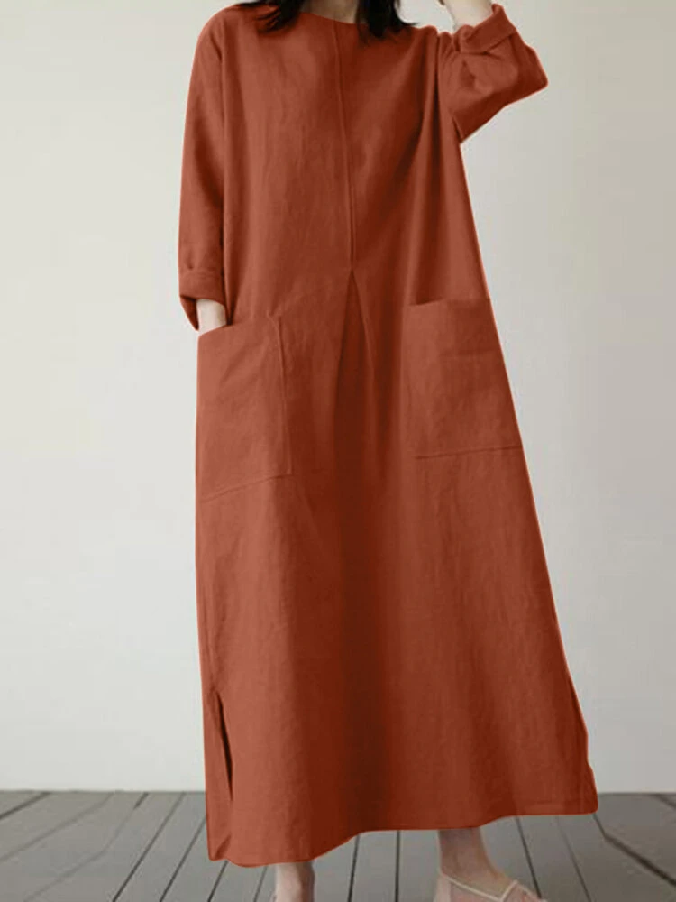 Solid Dual Pocket Slit Hem Crew Neck Vintage Dress 10 Solid Dual Pocket Slit Hem Crew Neck Vintage Dress - Image 10