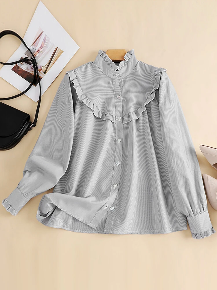 Stripe Print Ruffle Trim Button Front Long Sleeve Blouse 3 Stripe Print Ruffle Trim Button Front Long Sleeve Blouse - Image 3