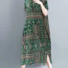 Vintage Allover Tribal Pattern Slit Hem Short Sleeve Dress