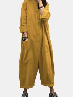 Solid Color Plain Button Pocket Long Sleeve Casual Jumpsuit For Women