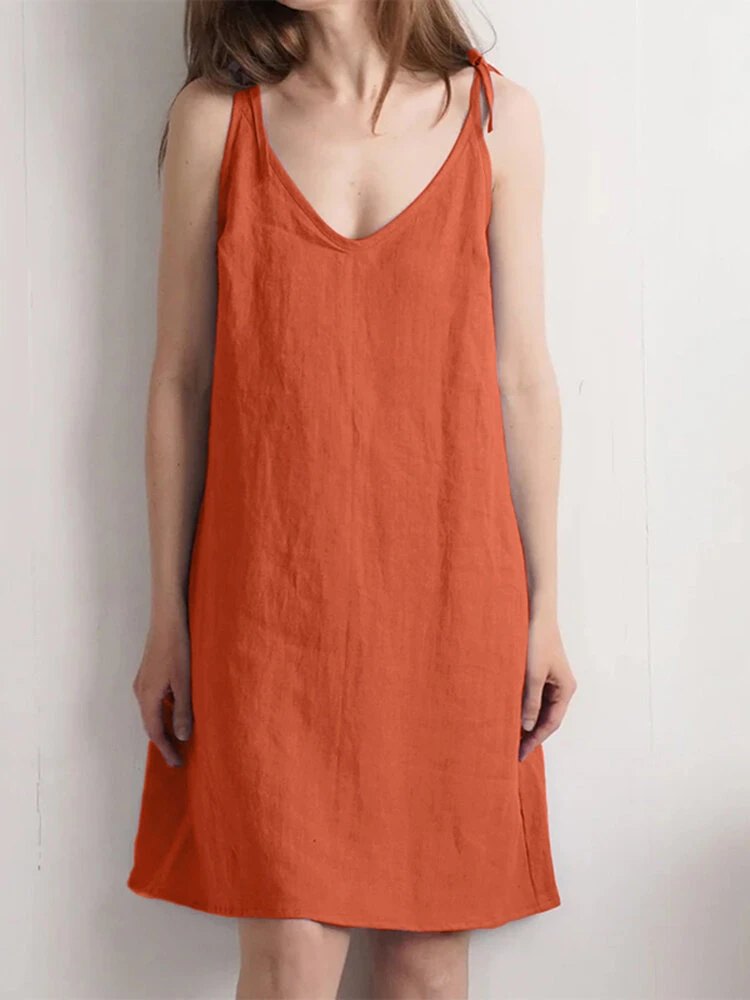 Women Solid Tie Spaghetti Strap Cotton Casual Dress 3 Women Solid Tie Spaghetti Strap Cotton Casual Dress - Image 3