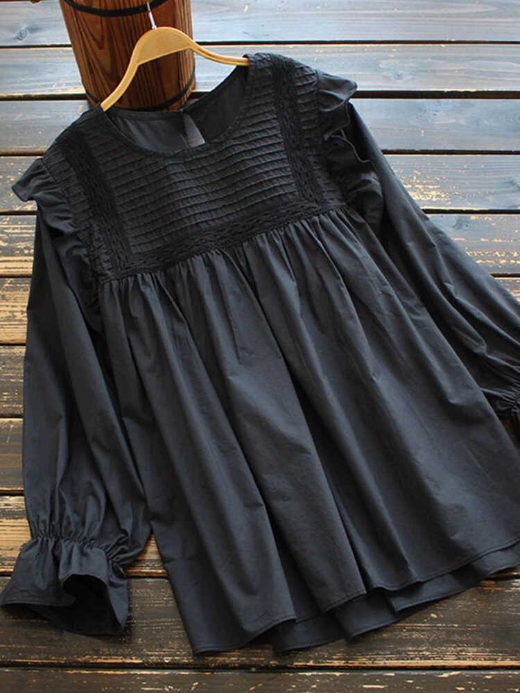 Solid Ruffle Crew Neck Long Sleeve Blouse 2 Solid Ruffle Crew Neck Long Sleeve Blouse - Image 2