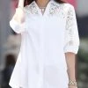 Lace Panel Solid Button Front Lapel Half Sleeve Shirt
