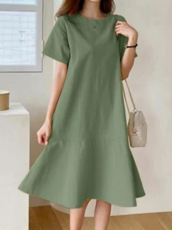 Solid Ruffle Short Sleeve Round Neck Casual Cotton Midi Dress -Zanzea Shop 8c87de68 3525 44dc acb9 9d6166b75eff