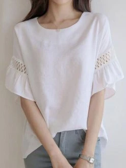 Women Hollow Stitch Ruffle Sleeve Crew Neck Blouse