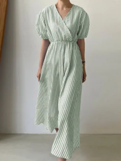 Puff Sleeve Wrap V-neck Stripe Print Midi Dress -Zanzea Shop 8ced4813 6b49 44e1 89ae 69a20cead8a7