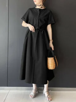 Solid Short Sleeve Crew Neck Dress With Belt For Women -Zanzea Shop 8d17b3fb 0829 4272 915e c13be3416166