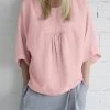 Women Solid Pleated Crew Neck Cotton 3/4 Sleeve Blouse