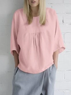 Women Solid Pleated Crew Neck Cotton 3/4 Sleeve Blouse
