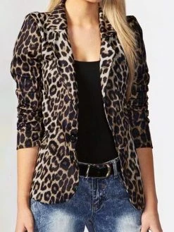 Leopard Print Long Sleeves Button Lapel Jacket Suit With Shoulder Pad