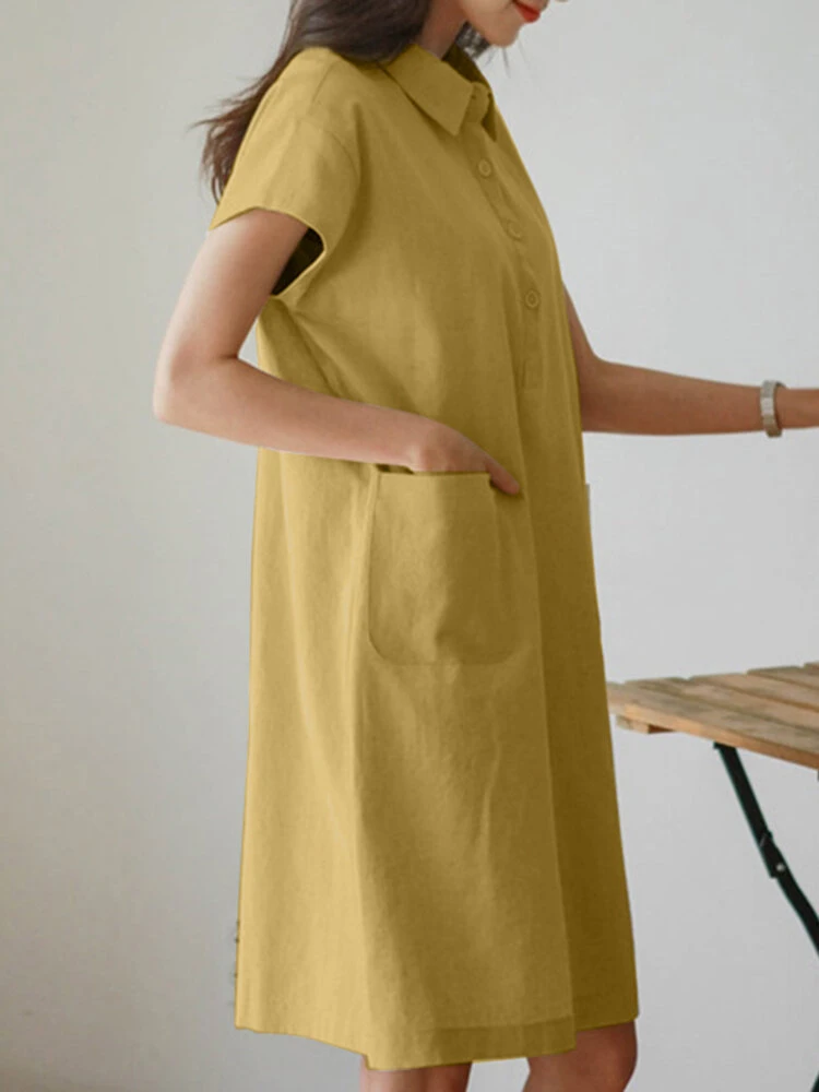Solid Button Short Sleeve Lapel Cotton Pocket Dress 3 Solid Button Short Sleeve Lapel Cotton Pocket Dress - Image 3