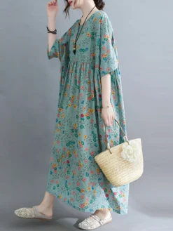 Allover Floral Print Crew Neck Loose Vintage Dress -Zanzea Shop 8d49ecea 964c 4472 92b6 3f8ba91eb562