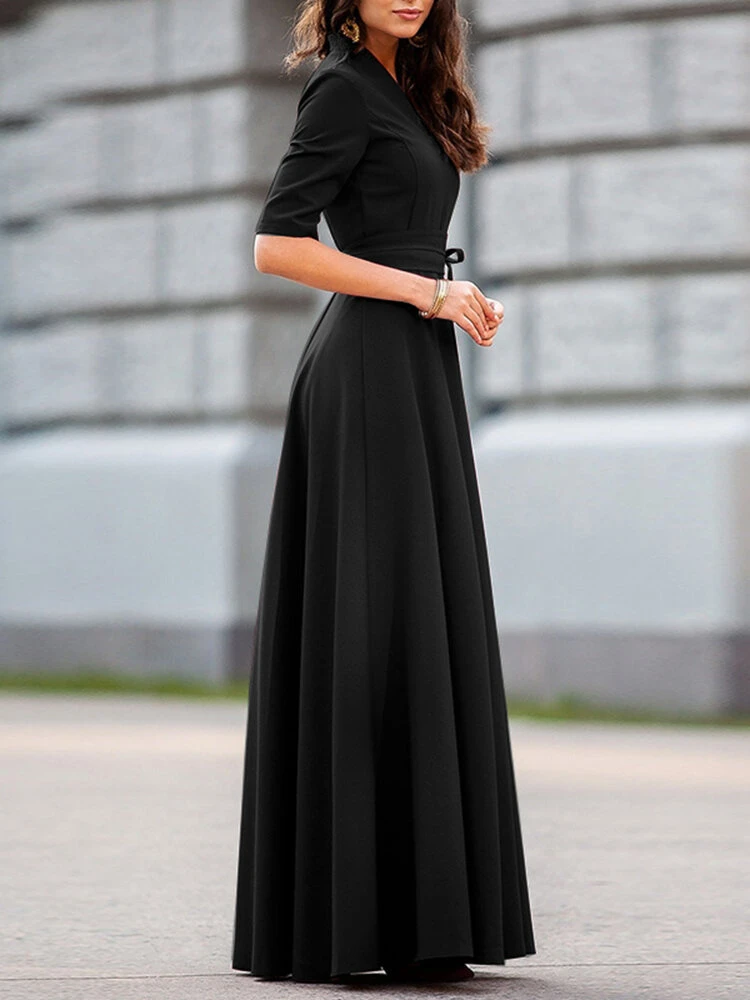 Solid V-neck Half Sleeve Swing Maxi Dress With Belt 6 Solid V-neck Half Sleeve Swing Maxi Dress With Belt - Image 6