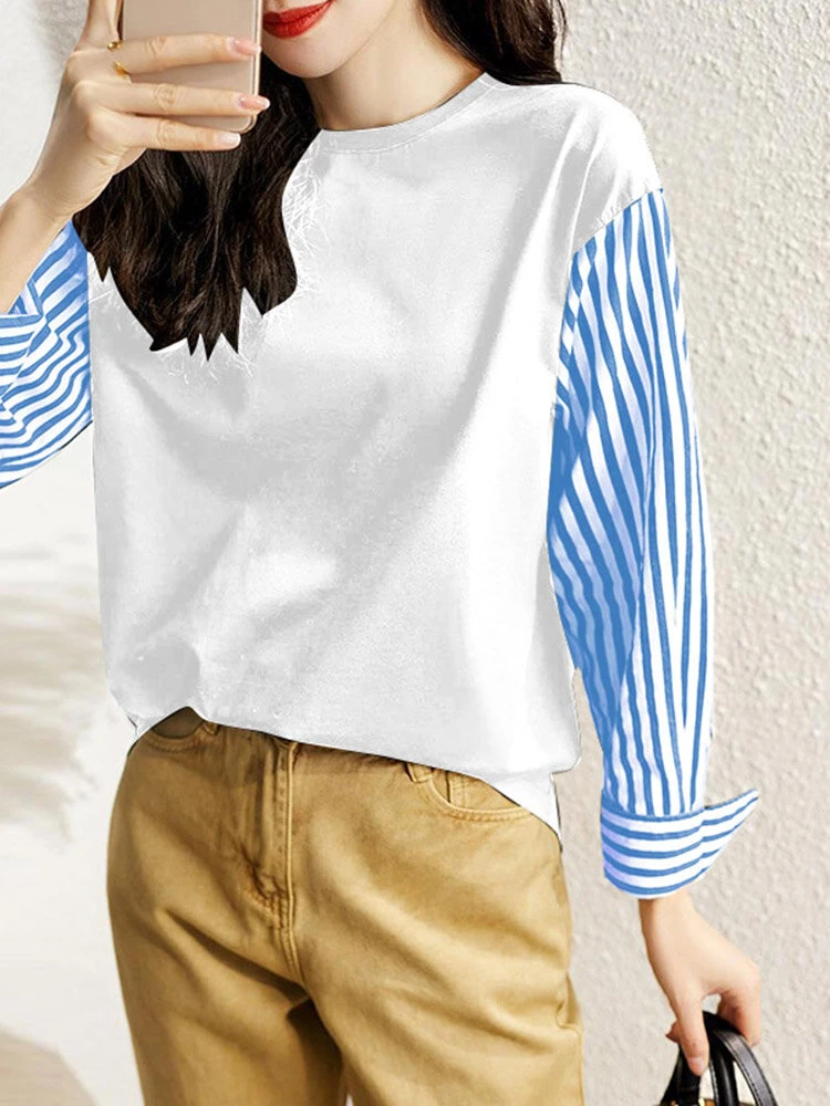 Stripe Patchwork Long Sleeve Crew Neck Blouse 3 Stripe Patchwork Long Sleeve Crew Neck Blouse - Image 3
