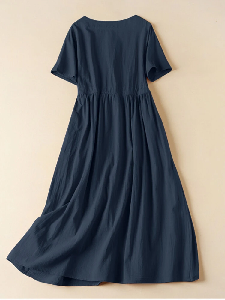 Women Solid Notched Neck Frog Button Drawstring Waist Dress 4 Women Solid Notched Neck Frog Button Drawstring Waist Dress - Image 4