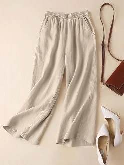 Solid Casual Pocket Wide Leg Pants For Women