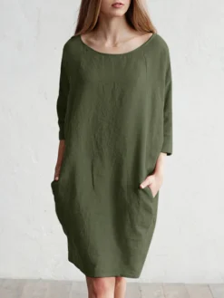 Solid Color 3/4 Sleeve O-neck Pocket Cotton Dress -Zanzea Shop 8d95d5f6 9df7 4562 8638 2e2d4ff84524