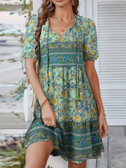 Bohemian Floral Print Short Sleeve V-neck Knotted Dress