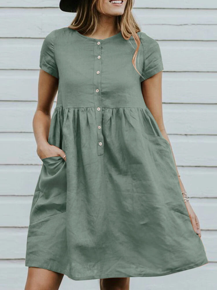 Solid Button Pocket Short Sleeve Casual Cotton Midi Dress 3 Solid Button Pocket Short Sleeve Casual Cotton Midi Dress - Image 3